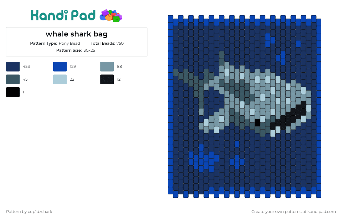 whale shark bag - Pony Bead Pattern by cup1dzshark on Kandi Pad - shark,fish,animal,underwater,bag,panel,marine,oceanic,whale shark,majestic,blue,grey