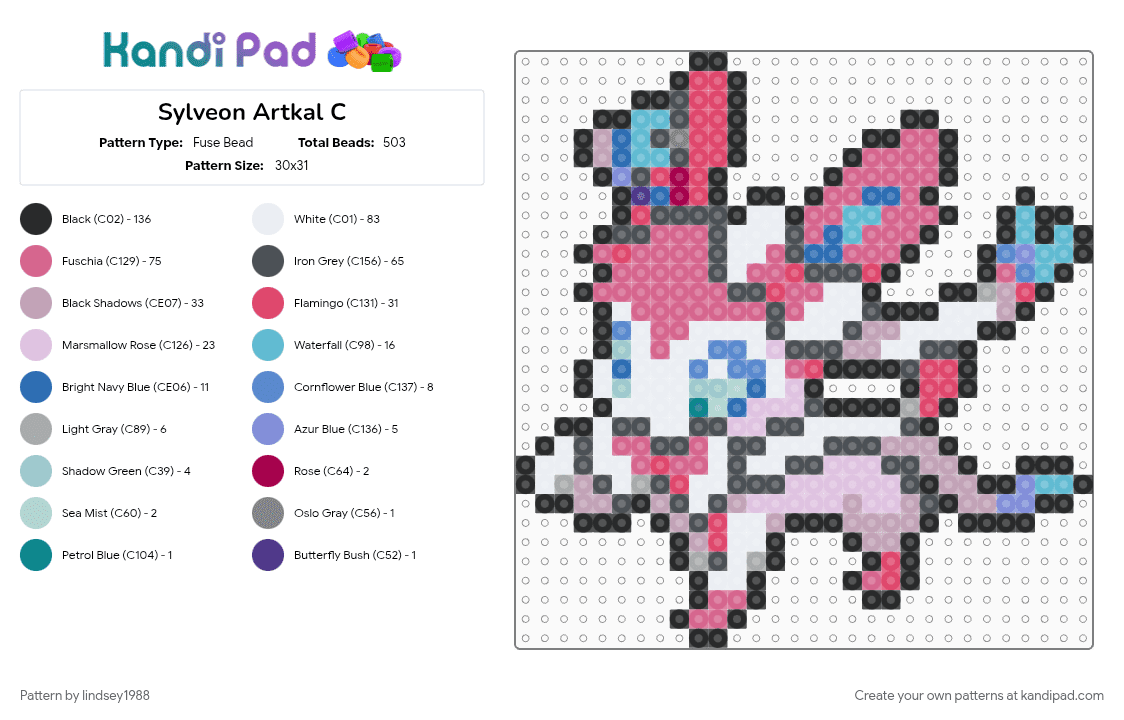 Sylveon Artkal C - Fuse Bead Pattern by lindsey1988 on Kandi Pad - eevee, eeveelutions, gaming, pink, pokemon, purple, sylveon