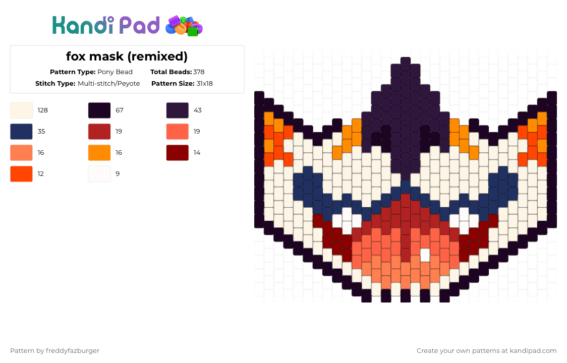 fox mask (remixed) - Pony Bead Pattern by freddyfazburger on Kandi Pad - white,red