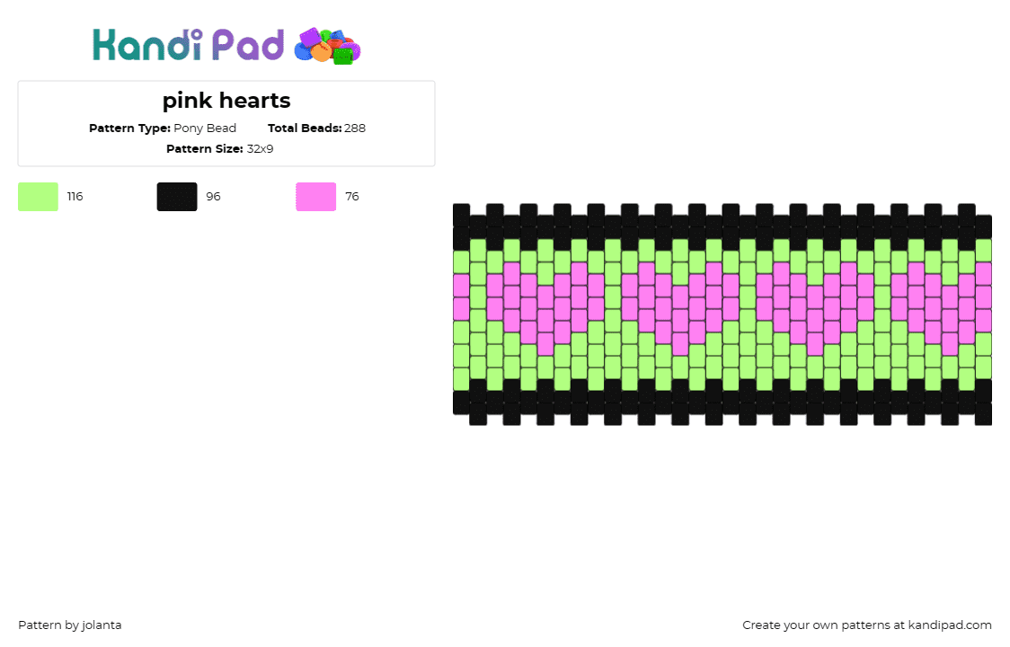 pink hearts - Pony Bead Pattern by jolanta on Kandi Pad - hearts,neon,cuff,love,standout,pink,green