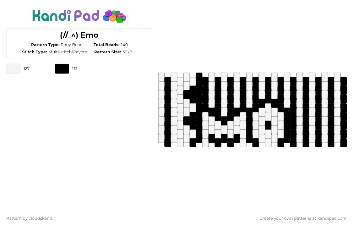 (//_^) Emo - Pony Bead Pattern by cloudskandi on Kandi Pad - white,black