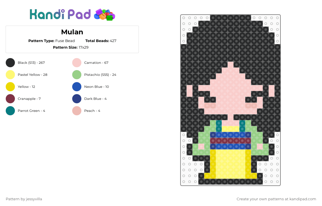 Mulan - Fuse Bead Pattern by jessyvilla on Kandi Pad - black,beige,yellow,mulan,princess,china,girl,disney,mushu