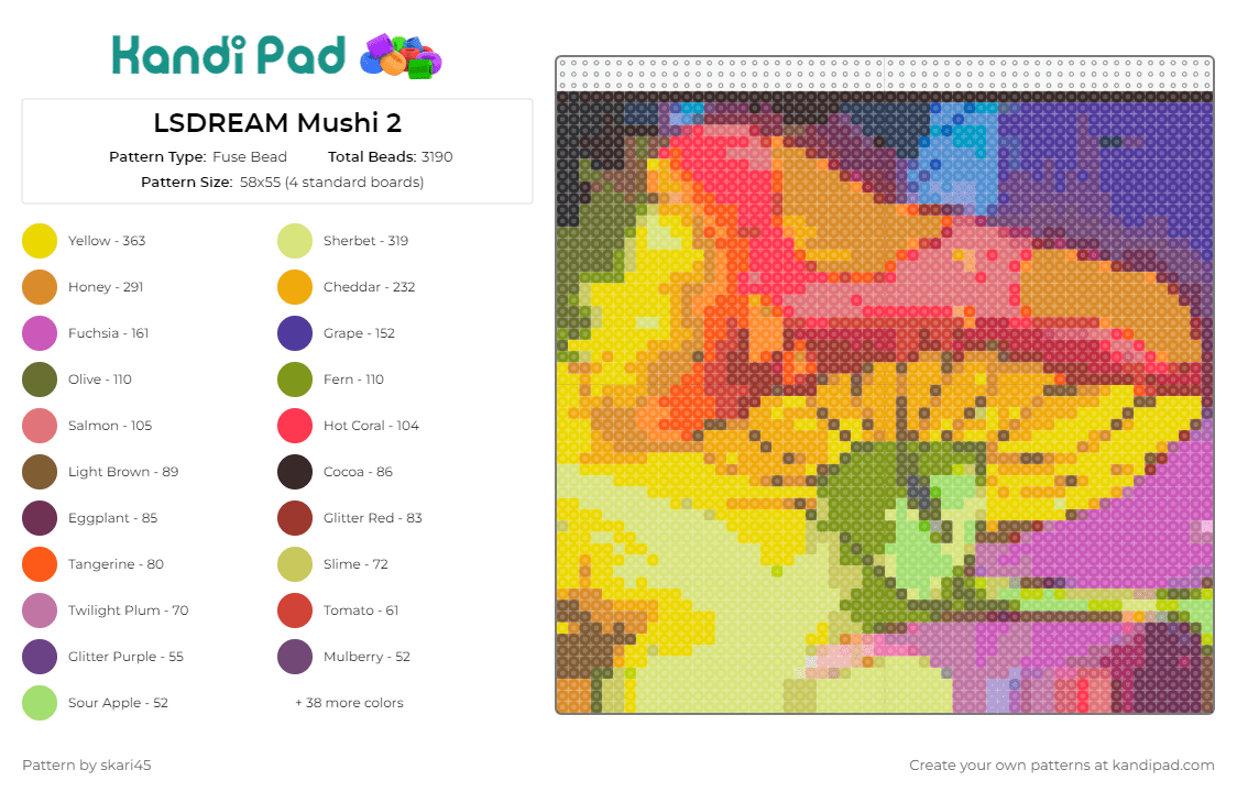 LSDREAM Mushi 2 - Fuse Bead Pattern by skari45 on Kandi Pad - lsdream,dj,music,edm,mushroom,whimsical,vibrant,festival,electric,yellow,red