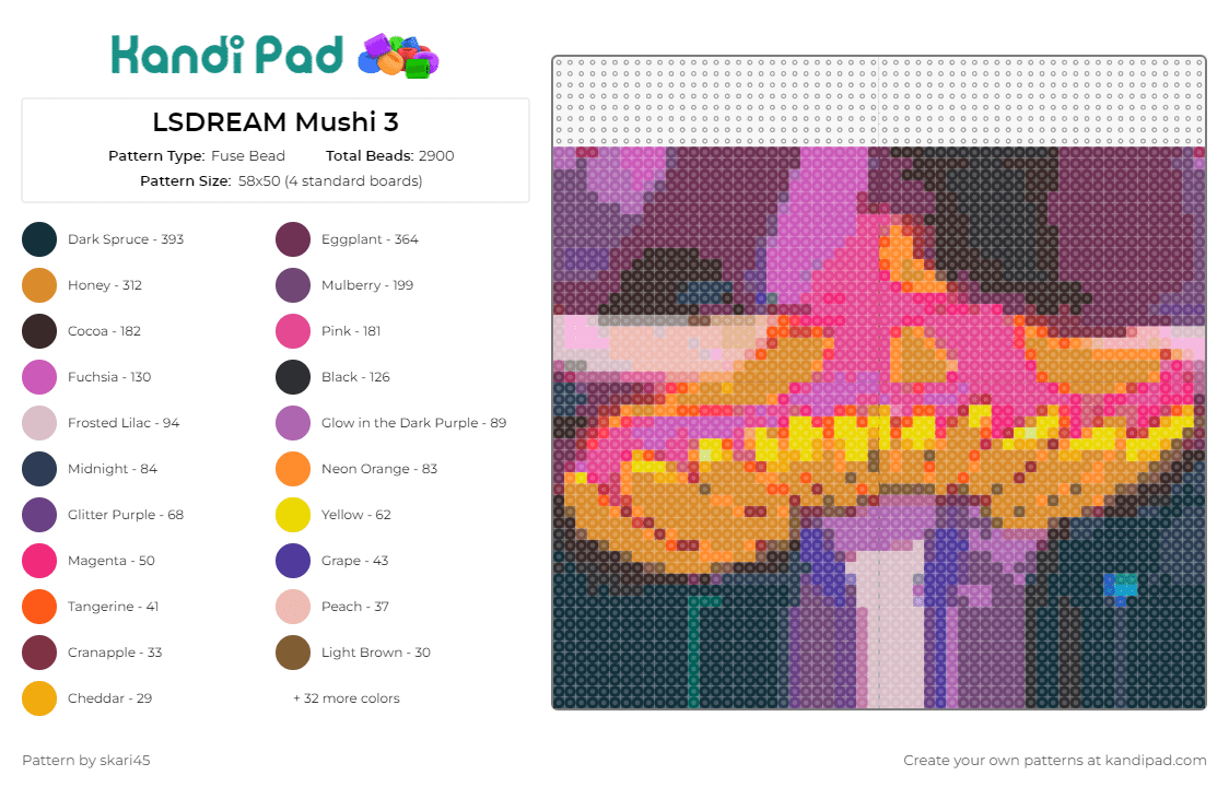 LSDREAM Mushi 3 - Fuse Bead Pattern by skari45 on Kandi Pad - lsdream,dj,music,edm,mushroom,psychedelic,electronic,fantasy,vibrant,pink