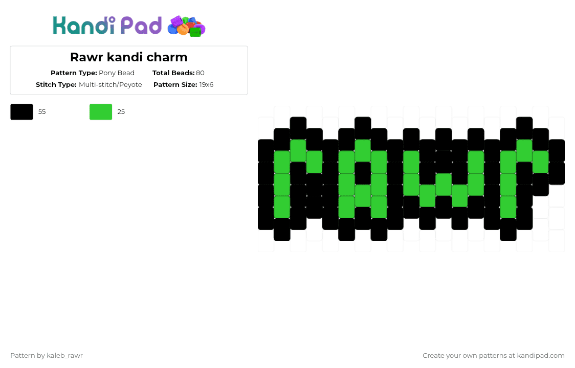 Rawr kandi charm - Pony Bead Pattern by kaleb_rawr on Kandi Pad - black,green