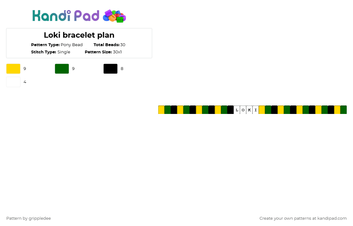 Loki bracelet plan - Pony Bead Pattern by grippledee on Kandi Pad - yellow,green