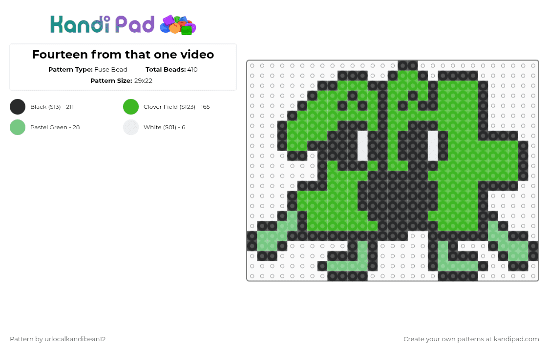 Fourteen from that one video - Fuse Bead Pattern by urlocalkandibean12 on Kandi Pad - bfdi, fourteen, green, osc, perler, xfohv