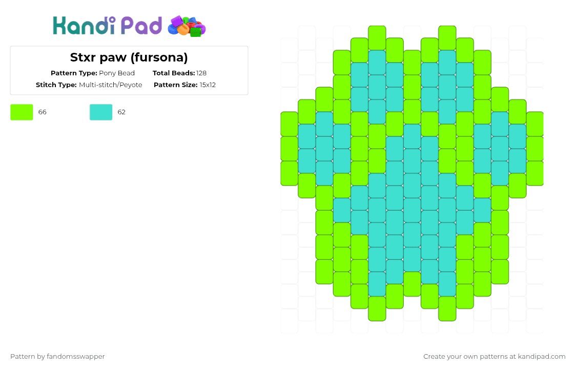 Stxr paw (fursona) - Pony Bead Pattern by fandomsswapper on Kandi Pad - flat charm, furry, fursona, green, light blue, paw