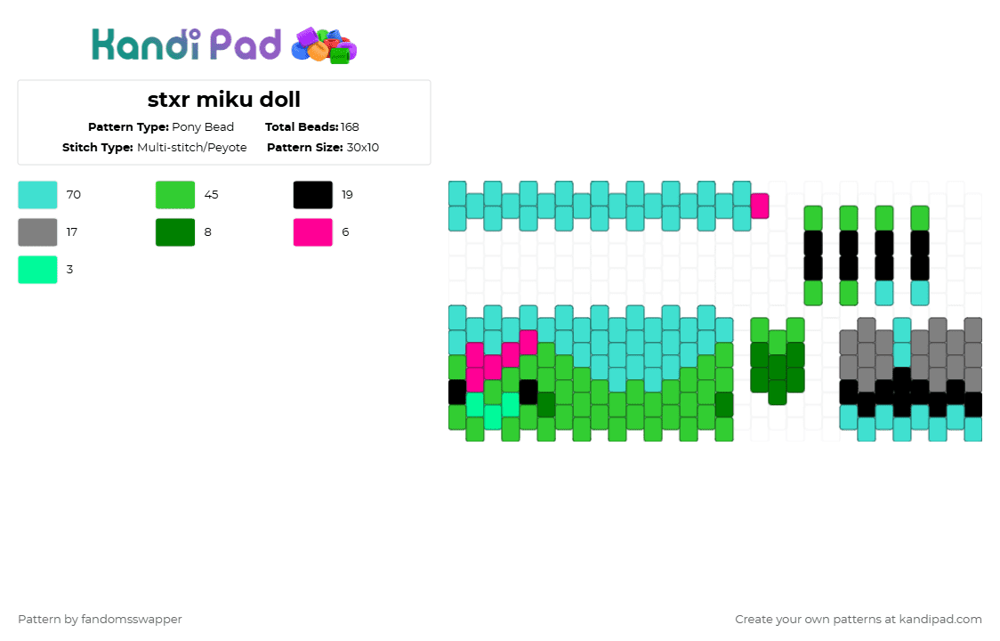 stxr miku doll - Pony Bead Pattern by fandomsswapper on Kandi Pad - green,light blue,hatsune miku,fursona,furry,kandi doll