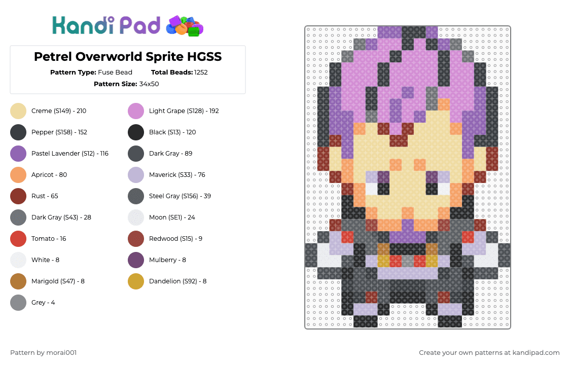Petrel Overworld Sprite HGSS - Fuse Bead Pattern by morai001 on Kandi Pad - pink,gray,beige