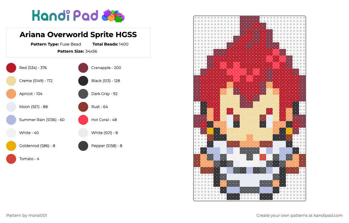 Ariana Overworld Sprite HGSS - Fuse Bead Pattern by morai001 on Kandi Pad - red,brown,beige