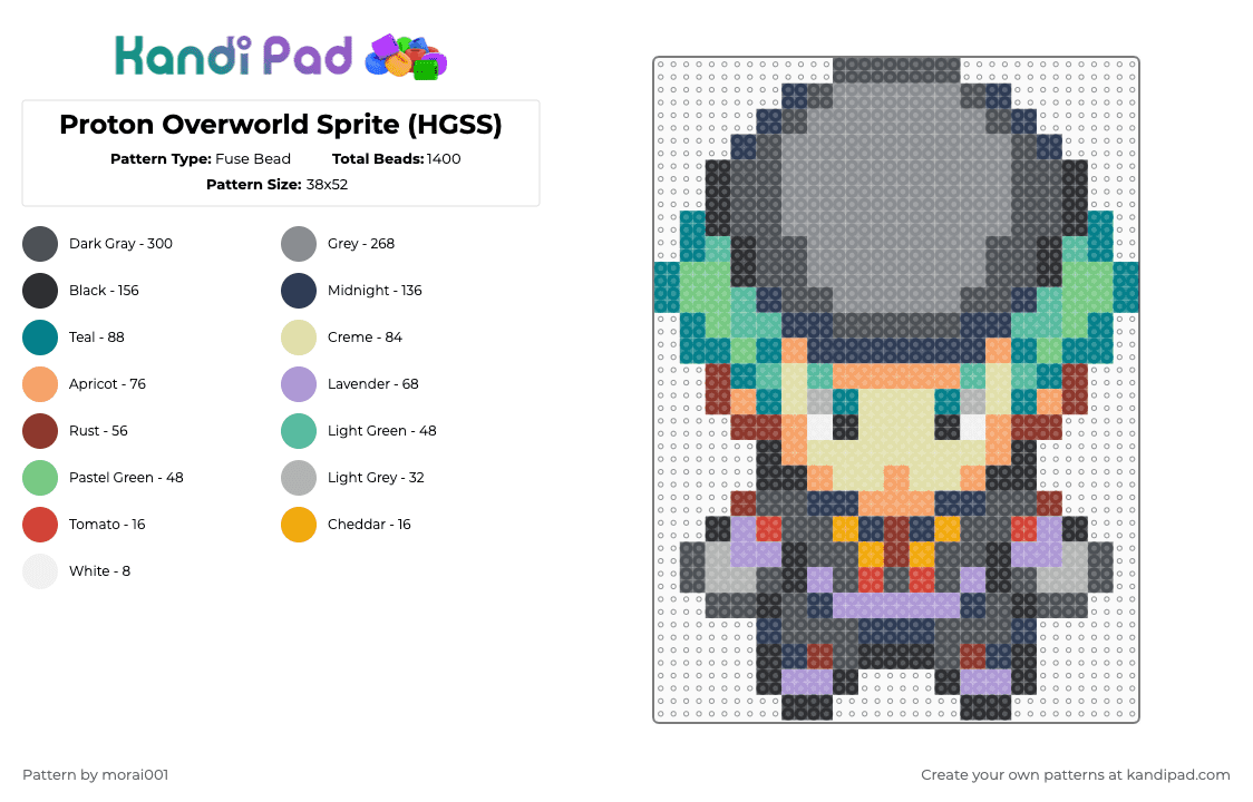 Proton Overworld Sprite (HGSS) - Fuse Bead Pattern by morai001 on Kandi Pad - teal,gray