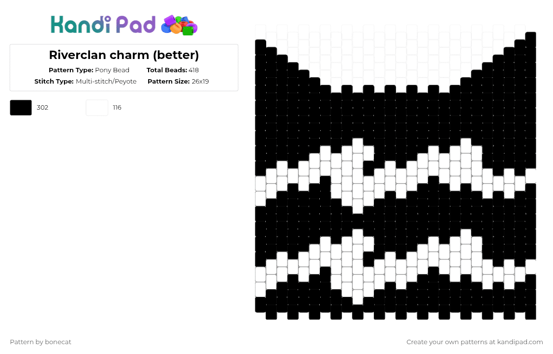 Riverclan charm (better) - Pony Bead Pattern by bonecat on Kandi Pad - black,white,riverclan,warrior cats,cats,charm