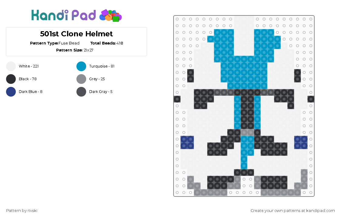 501st Clone Helmet - Fuse Bead Pattern by rivski on Kandi Pad - white,light blue,starwars,clonehelmet,helmet,perlerbeads,fusebeads,clonewars