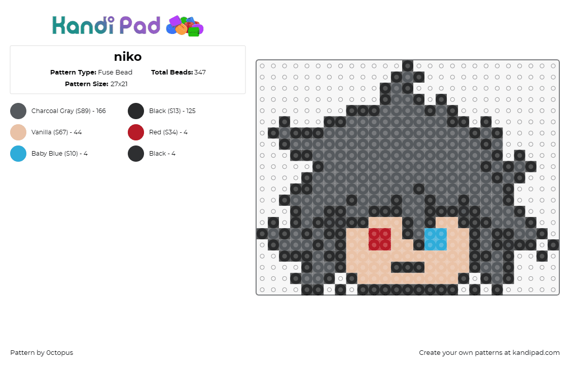 niko - Fuse Bead Pattern by 0ctopus on Kandi Pad - character,red eye,blue eye,gray,contrast