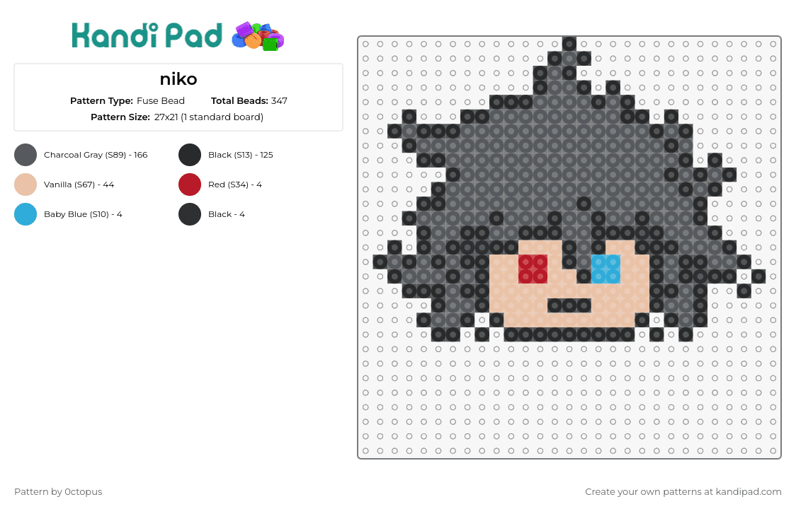 niko - Fuse Bead Pattern by 0ctopus on Kandi Pad - character,red eye,blue eye,grey,contrast