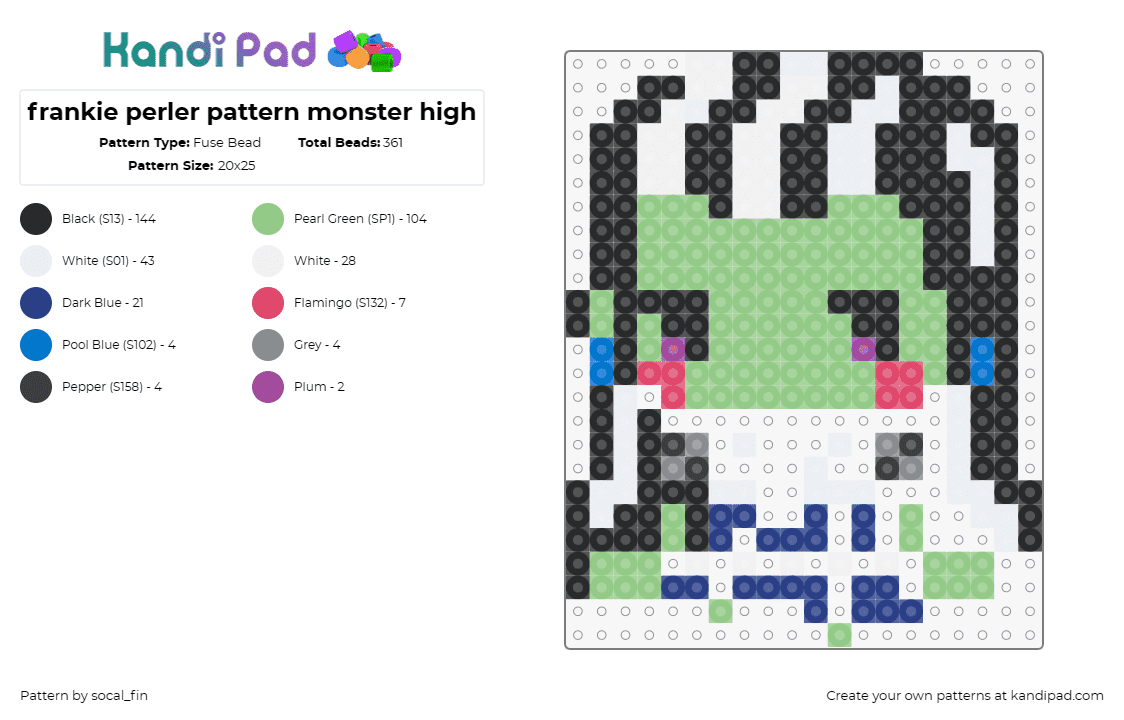 frankie perler pattern monster high - Fuse Bead Pattern by socal_fin on Kandi Pad - frankie,frankenstein,monster high,monster,doll,character,modern,green