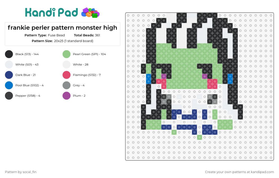 frankie perler pattern monster high - Fuse Bead Pattern by socal_fin on Kandi Pad - frankie,frankenstein,monster high,monster,doll,character,modern,creative,green