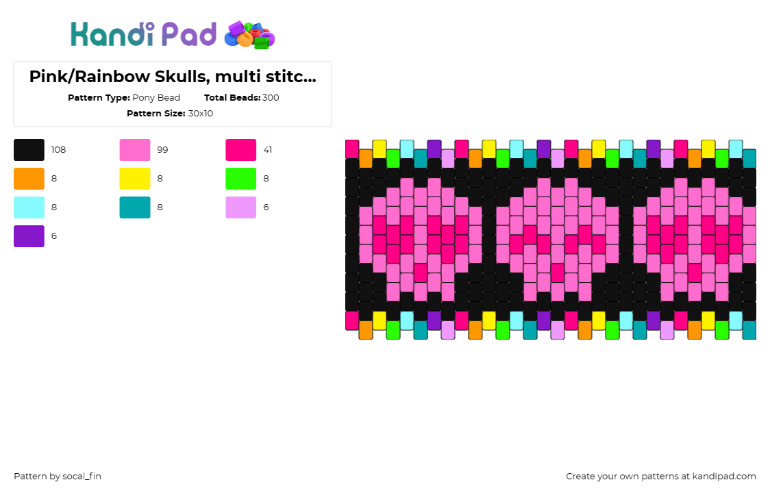 Pink/Rainbow Skulls, multi stitch Kandi Pattern - Pony Bead Pattern by socal_fin on Kandi Pad - skulls,skeleton,colorful,rainbow,cuff,edgy,style,burst,expression,rebellious,sym