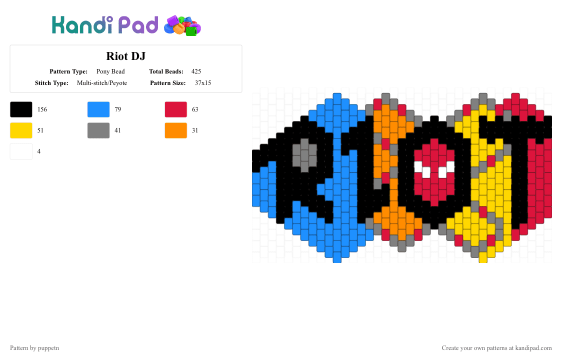 Riot DJ - Pony Bead Pattern by puppetn on Kandi Pad - red,yellow,light blue