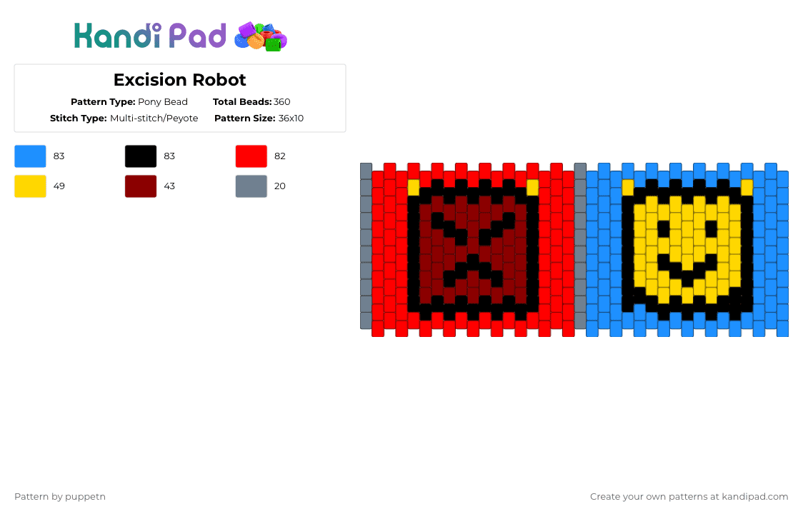 Excision Robot - Pony Bead Pattern by puppetn on Kandi Pad - red,light blue,excision,rave,plur