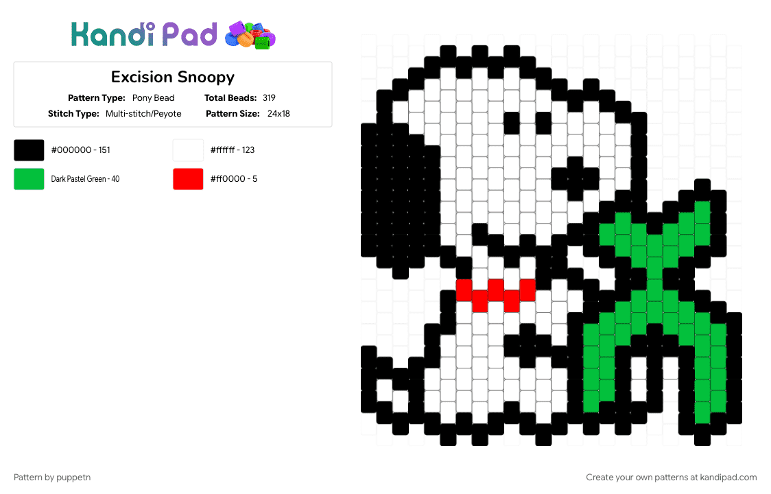 Excision Snoopy - Pony Bead Pattern by puppetn on Kandi Pad - green, white