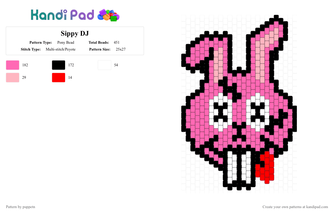 Sippy DJ - Pony Bead Pattern by puppetn on Kandi Pad - sippy,dj,bunny,rabbit,edm,gremlin,music,animal,pink