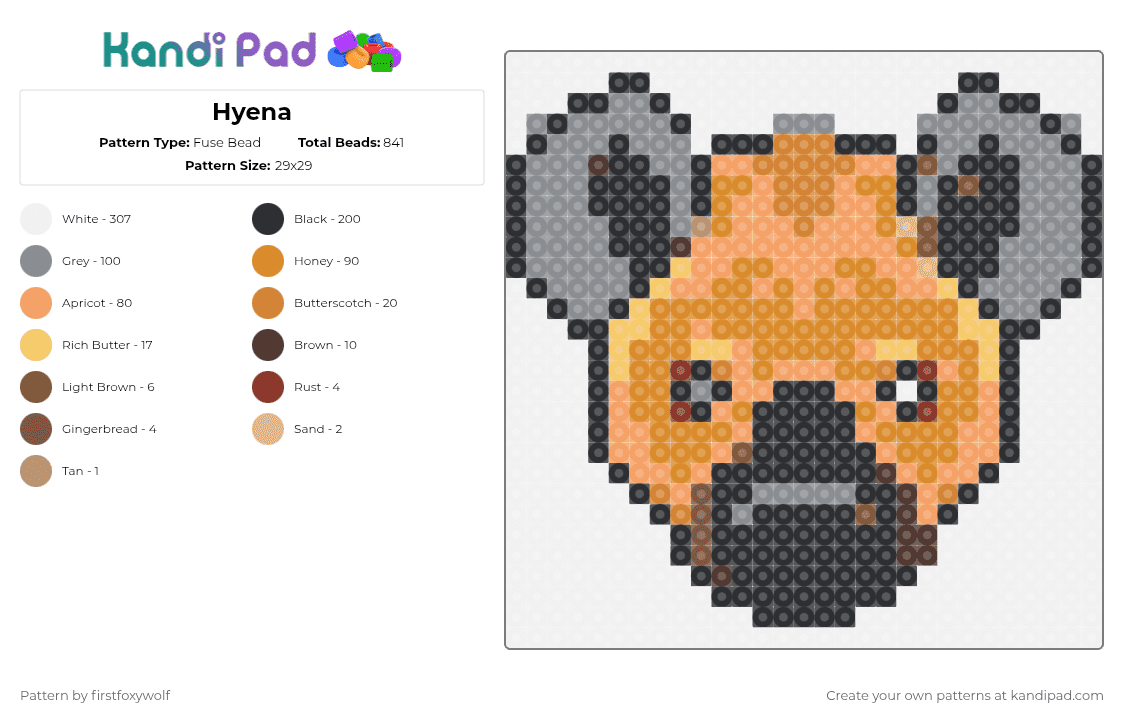 Hyena - Fuse Bead Pattern by firstfoxywolf on Kandi Pad - white,gray,orange