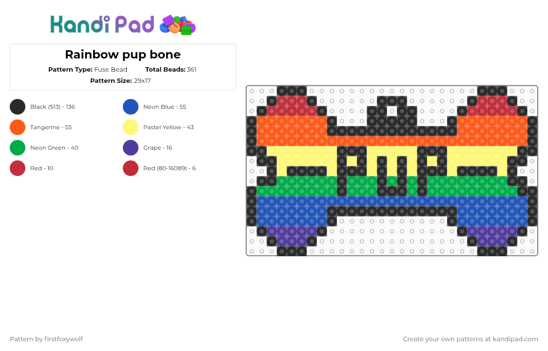 Rainbow pup bone - Fuse Bead Pattern by firstfoxywolf on Kandi Pad - blue,orange,yellow,green