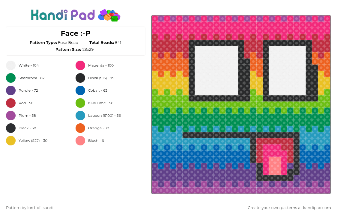 Face :⁠-⁠P - Fuse Bead Pattern by lord_of_kandi on Kandi Pad - pink,green,purple
