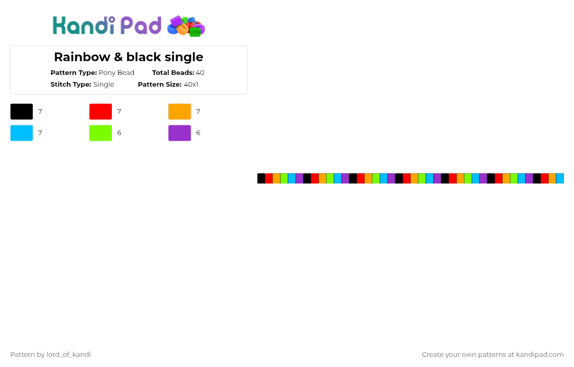 Rainbow & black single - Pony Bead Pattern by lord_of_kandi on Kandi Pad - red,orange,light blue