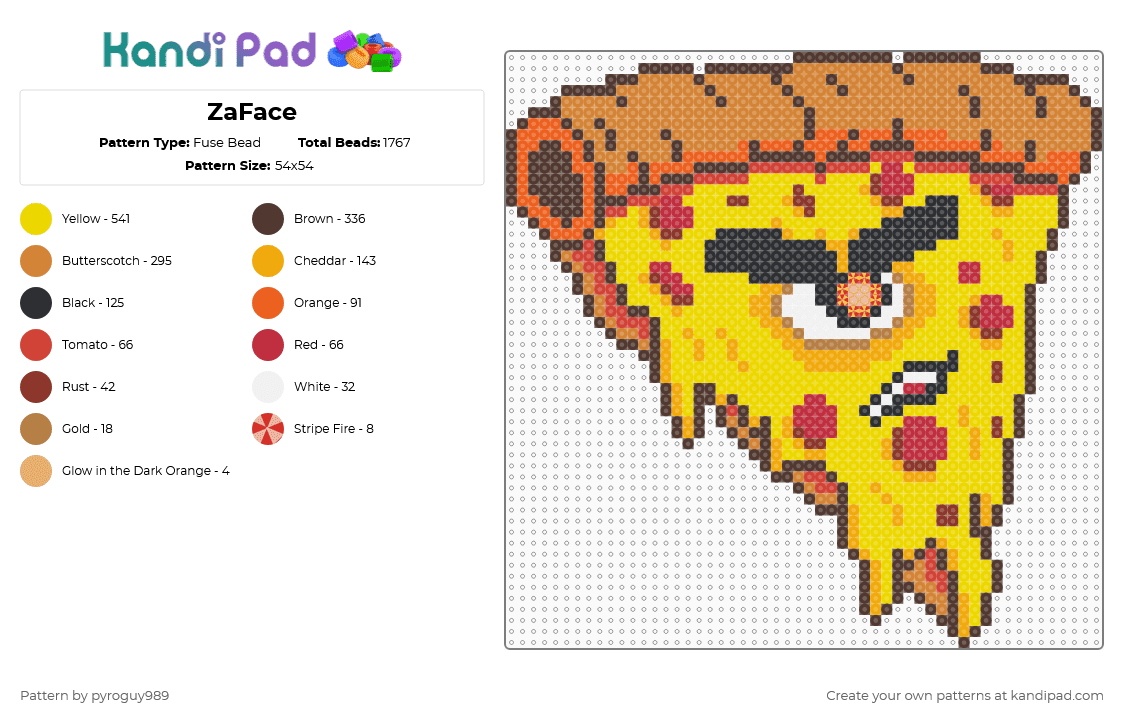 ZaFace - Fuse Bead Pattern by pyroguy989 on Kandi Pad - zaface,pizza,dj,music,edm,slice,yellow,brown,orange