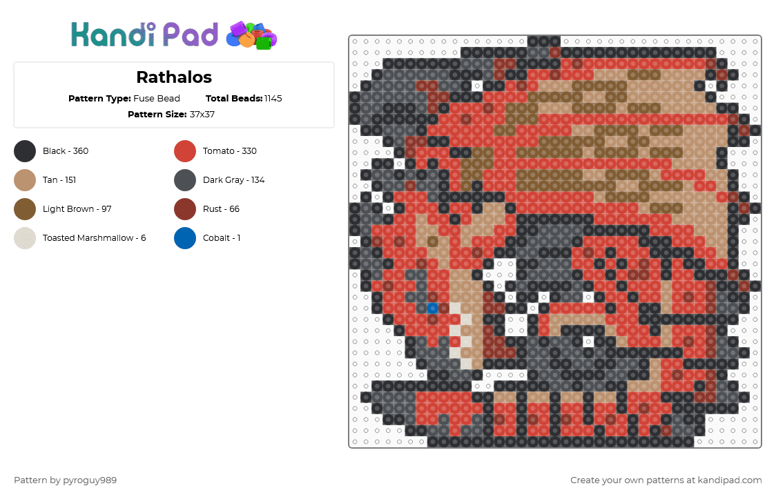 Rathalos - Fuse Bead Pattern by pyroguy989 on Kandi Pad - rathalos,dragon,video game,animal,monster,gaming,red,beige,video games,monster hunter