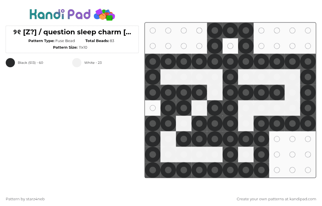 ୨୧ [Z?] / question sleep charm [JTHM] - Fuse Bead Pattern by starz4neb on Kandi Pad - black, invader zim, jhonen vasquez, johnny the homicidal maniac, jthm, question sleep, squee, white