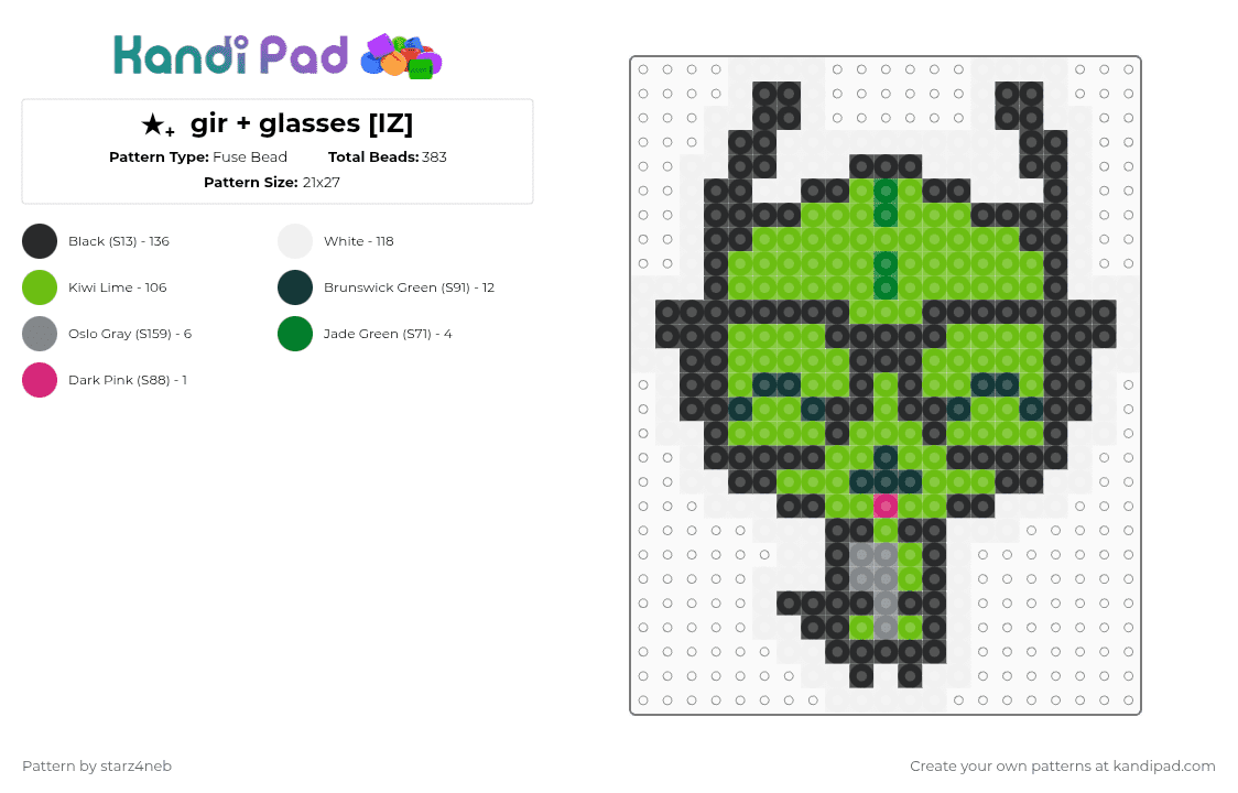 ୨୧ gir + glasses [IZ] - Fuse Bead Pattern by starz4neb on Kandi Pad - white,green,invader zim,gir,zim,scene