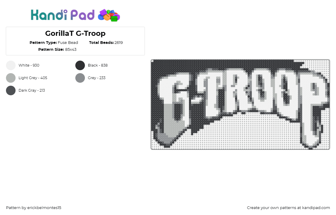 GorillaT G-Troop - Fuse Bead Pattern by erickbelmontes15 on Kandi Pad - gtroop,gorillat,logo,dj,edm,music,black,white