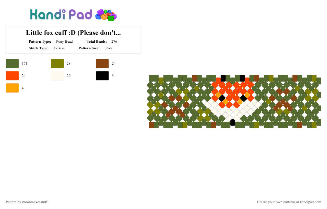 Little fox cuff :D (Please don\'t repost/remix) - Pony Bead Pattern by moonmakesstuff on Kandi Pad - animal, fox, gold, nature, therian