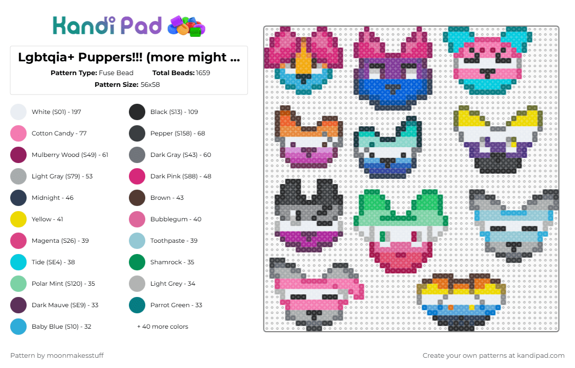Lgbtqia+ Puppers!!! 1 - Fuse Bead Pattern by moonmakesstuff on Kandi Pad - pink,teal,gray,colorful,lgbtq,asexual,bisexual,pansexual,demisexual,gay