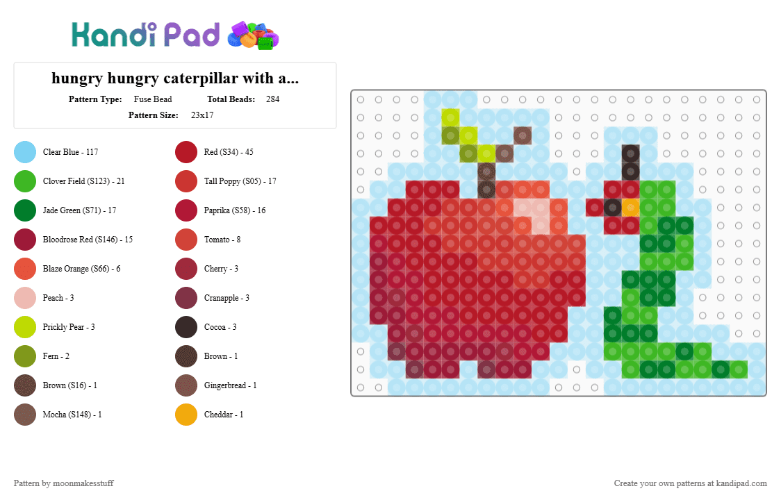 hungry hungry caterpillar with apple :D - Fuse Bead Pattern by moonmakesstuff on Kandi Pad - red,green,light blue,hungry hungry caterpillar,caterpillar,bug,apple