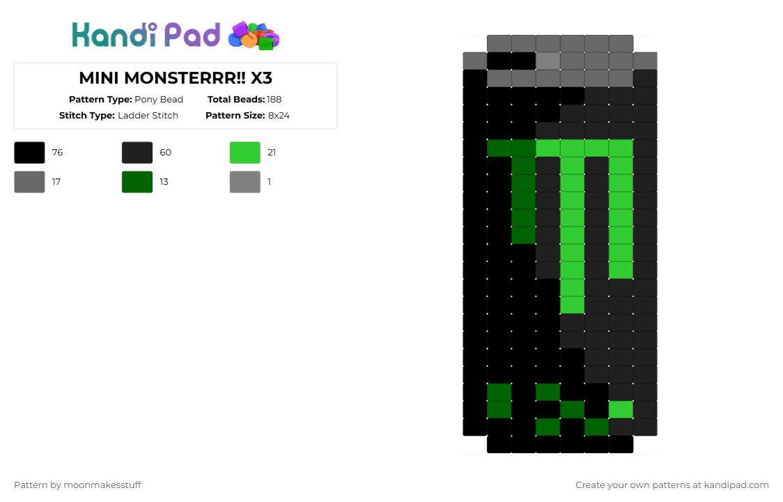 MINI MONSTERRR!! X3 - Pony Bead Pattern by moonmakesstuff on Kandi Pad - black,gray,green,monster,monster energy,drink