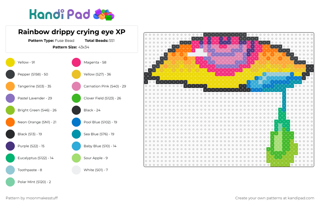 Rainbow drippy crying eye XP - Fuse Bead Pattern by moonmakesstuff on Kandi Pad - pink,yellow,orange,green,rainbow,eye,rainbow eye