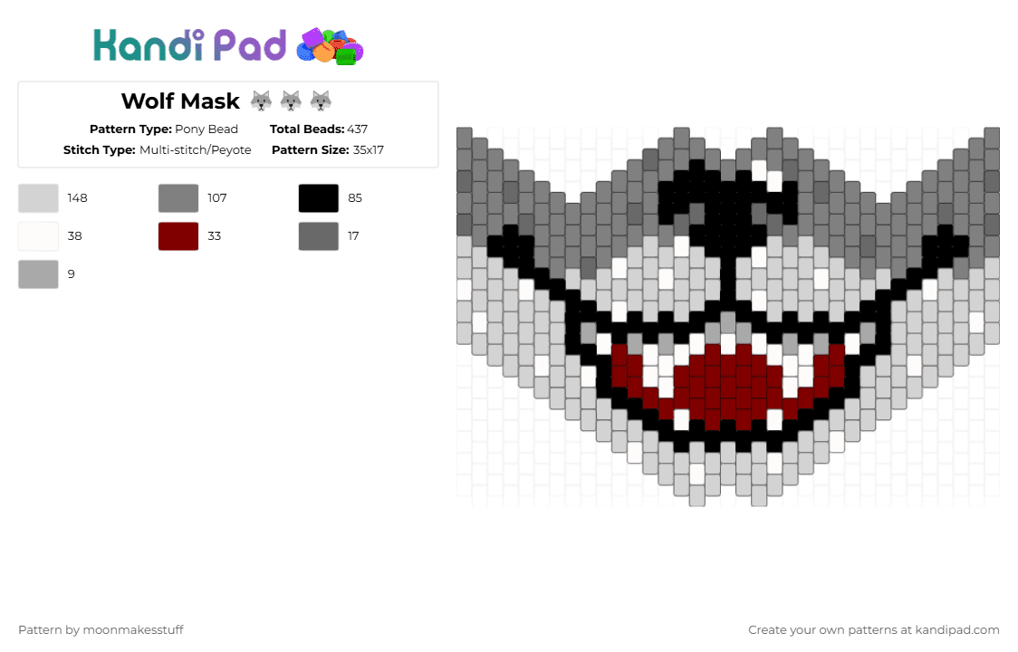 Wolf Mask 🐺🐺🐺 - Pony Bead Pattern by moonmakesstuff on Kandi Pad - white,gray,wolf,nature,mask,animal,dog