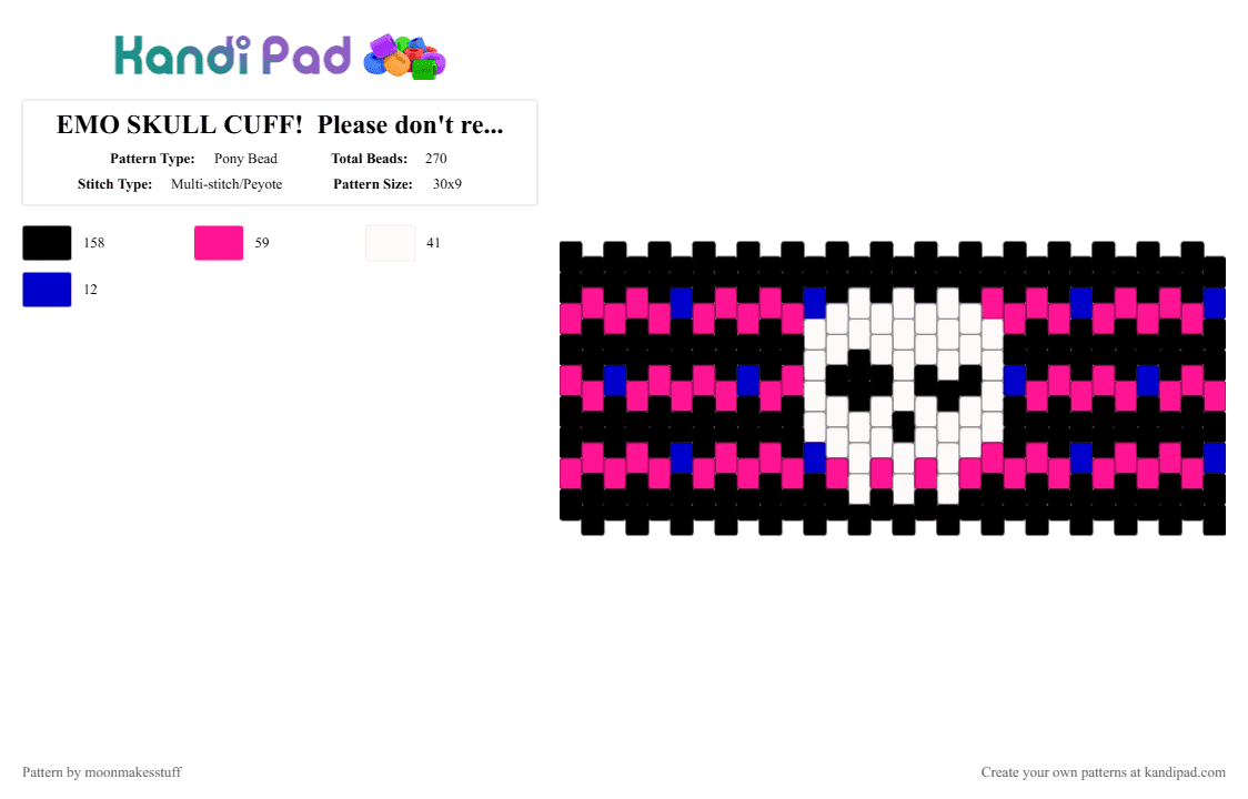 EMO SKULL CUFF!  Please don\'t repost!!! - Pony Bead Pattern by moonmakesstuff on Kandi Pad - black,pink,skull,striped,cuff