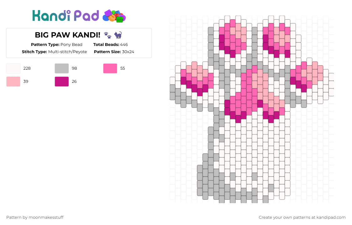 BIG PAW KANDI! 🐾🐈‍⬛ - Pony Bead Pattern by moonmakesstuff on Kandi Pad - pink,beige,paw,cat,white,cute