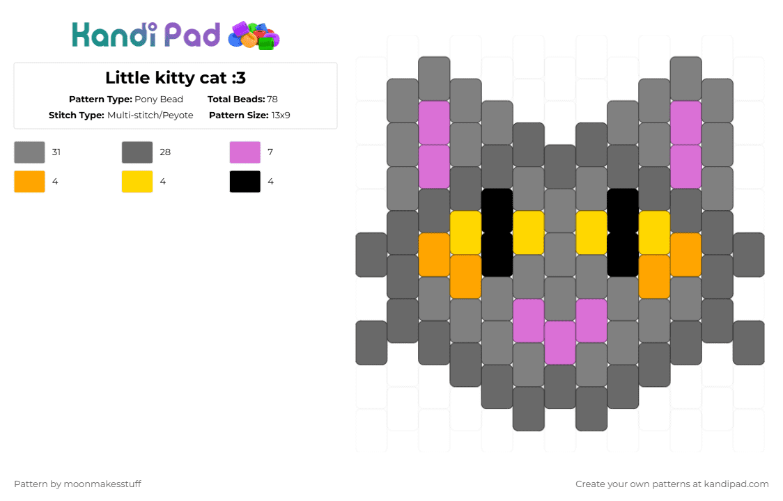 Little kitty cat :3 - Pony Bead Pattern by moonmakesstuff on Kandi Pad - gray,cat,kitty,meow,nature,wild