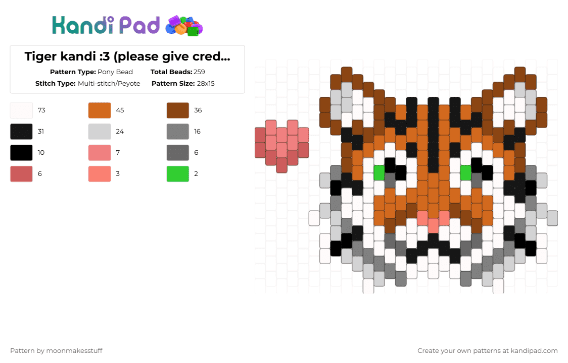 Tiger kandi :3 (please give credits if u use it) - Pony Bead Pattern by moonmakesstuff on Kandi Pad - red,orange,tiger,animal,therian,cat