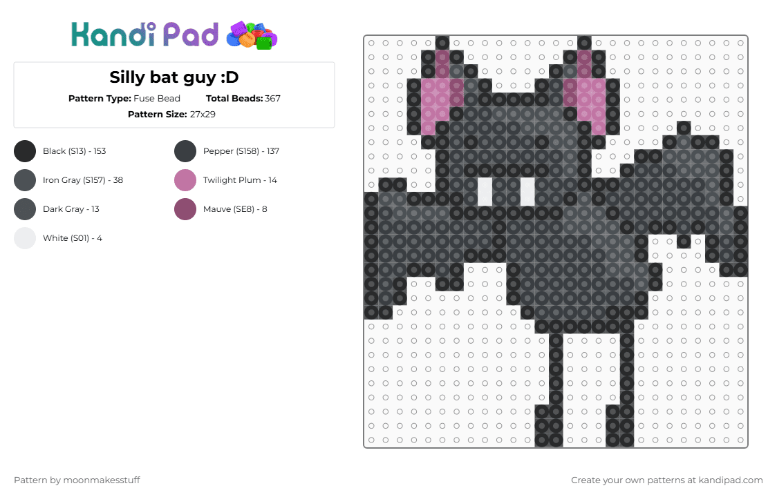 Silly bat guy :D - Fuse Bead Pattern by moonmakesstuff on Kandi Pad - black,purple,bat,silly