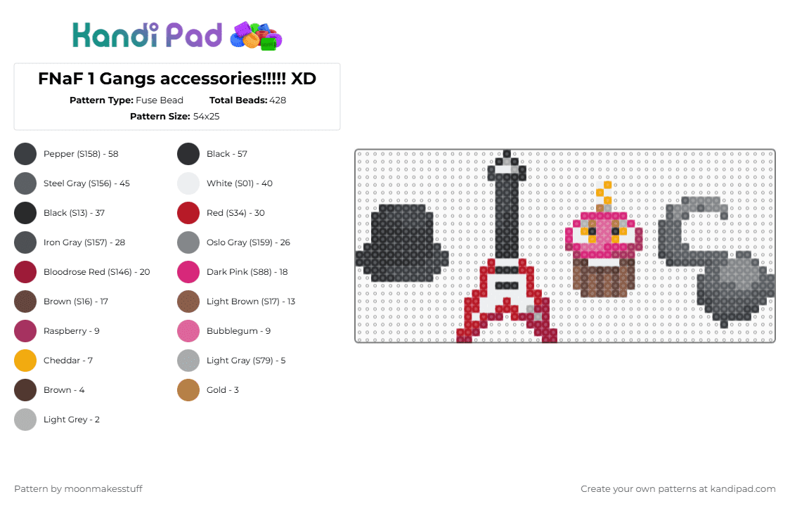 FNaF 1 Gangs accessories!!!!! XD - Fuse Bead Pattern by moonmakesstuff on Kandi Pad - red,gray,pink,purple,fnaf,freddy,bonnie,chica,foxy