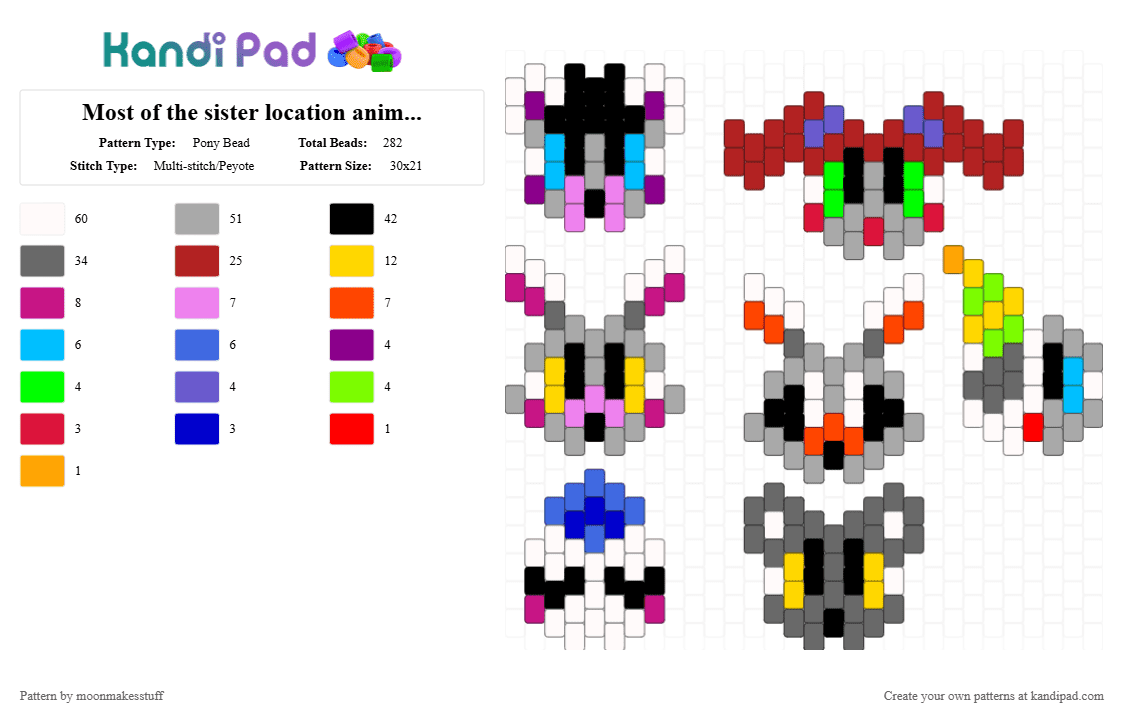 Most of the sister location animatronics!! (PLEASE DONT STEAL) - Pony Bead Pattern by moonmakesstuff on Kandi Pad - beige,pink,gray,red,fnaf,sister location,fnaf sister location,animatronic,funtime