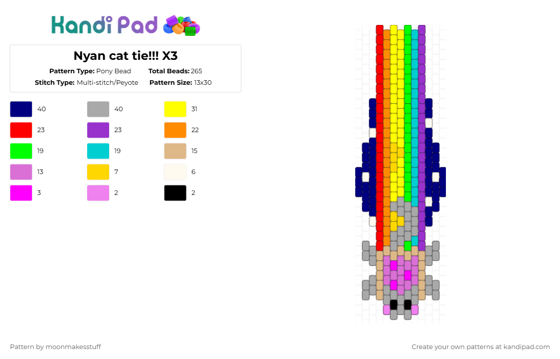 Nyan cat tie!!! X3 - Pony Bead Pattern by moonmakesstuff on Kandi Pad - yellow,purple,beige,nyan,nyan cat,cat,rainbow,tie